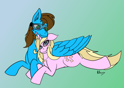 Size: 3508x2480 | Tagged: safe, artist:polonius, oc, oc only, oc:blue scroll, pegasus, pony, unicorn, female, glasses, gradient background, horn, male, mare, stallion, wing blanket, winghug, wings