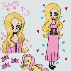 Size: 1280x1280 | Tagged: dead source, safe, artist:artmiiracle, angel bunny, fluttershy, butterfly, human, pegasus, pony, rabbit, g4, animal, beautiful, blonde hair, blue eyes, clothes, cute, disney princess, dress, eyes closed, female, flats, heart, humanized, light skin, mare, natural hair color, shirt, shoes, shyabetes, solo