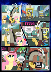 Size: 3259x4607 | Tagged: safe, artist:estories, discord, fluttershy, oc, oc:alice goldenfeather, draconequus, pegasus, pony, comic:nevermore, g4, ..., comic, speech bubble