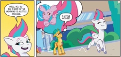 Size: 1334x636 | Tagged: safe, artist:jack lawrence, idw, official comic, hitch trailblazer, oakly, zipp storm, earth pony, moose, pegasus, pony, g1, g5, my little pony: mane event, spoiler:comic, spoiler:g5comic, animal in mlp form, dialogue, duo, female, gradient background, literal minded, male, mare, pony friends, pun, speech bubble, stallion, thought bubble, unshorn fetlocks