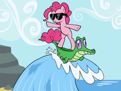 Size: 2048x1536 | Tagged: safe, budge studios, gummy, pinkie pie, alligator, earth pony, pony, a royal problem, g4, my little pony color by magic, official, .svg available, bipedal, blue sky, cloud, duo, female, male, mare, ocean, ponies riding gators, riding, smiling, sunglasses, surfing, svg, vector, water, wave