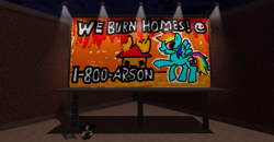 Size: 1715x894 | Tagged: safe, artist:xxv4mp_g4z3rxx, rainbow dash, pegasus, pony, g4, arson, billboard, blue coat, fire, flying, house, meme, multicolored hair, night, phone number, rainbow hair, rainbow tail, red eyes, roblox, smiley face, solo, tail, text, video game