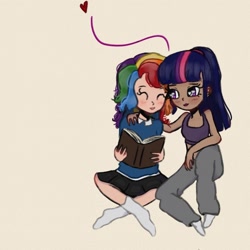 Size: 1280x1280 | Tagged: dead source, safe, artist:artmiiracle, rainbow dash, twilight sparkle, human, g4, alternate hairstyle, book, clothes, cute, dark skin, dashabetes, duo, duo female, eyes closed, female, heart, hug, humanized, lesbian, nerd, pants, personality swap, ponytail, reading, ship:twidash, shipping, shirt, simple background, sitting, skirt, socks, sweater, sweatpants, tank top, tomboy, twiabetes, white background