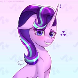 Size: 5000x5000 | Tagged: safe, artist:orion_illustrates, starlight glimmer, pony, unicorn, g4, absurd resolution, blushing, curved horn, cutie mark background, eye clipping through hair, eyebrows, eyebrows visible through hair, female, floppy ears, gradient background, grin, heart, horn, looking at you, mare, signature, sitting, smiling, smiling at you, solo