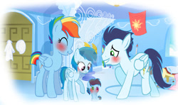 Size: 749x444 | Tagged: safe, artist:misskitcat123, rainbow dash, soarin', pegasus, pony, g4, baby, baby pony, blushing, colt, female, filly, foal, heartwarming, male, mare, offspring, parent:rainbow dash, parent:soarin', parents:soarindash, pixelated, ship:soarindash, shipping, stallion, straight, teenager