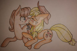 Size: 750x499 | Tagged: safe, artist:bleedingwings12, applejack, caramel, earth pony, pony, g4, female, kiss on the lips, kissing, male, mare, ship:carajack, shipping, stallion, straight, traditional art