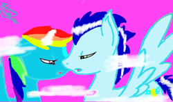 Size: 750x441 | Tagged: safe, artist:klarametalika, rainbow dash, soarin', pegasus, pony, g4, female, male, mare, purple background, ship:soarindash, shipping, simple background, stallion, straight