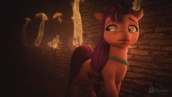 Size: 2560x1440 | Tagged: safe, artist:reinbou, sunny starscout, earth pony, pony, g5, 3d, blender, blender cycles, female, fire, indoors, lightly watermarked, looking back, mane stripe sunny, mare, nervous, solo, sunny's bag, torch, watermark