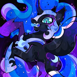 Size: 2048x2048 | Tagged: safe, artist:infinithiez, nightmare moon, alicorn, pony, g4, abstract background, armor, black coat, blue eyes, blue mane, blue sclera, blue tail, chest fluff, coat markings, colored eartips, colored eyelashes, colored sclera, concave belly, curved horn, ear fluff, ear tufts, ethereal mane, ethereal tail, eyeshadow, fangs, female, fit, helmet, hoof shoes, horn, jewelry, lidded eyes, looking down, makeup, mare, multicolored mane, multicolored tail, open mouth, open smile, peytral, princess shoes, profile, rearing, regalia, sharp teeth, signature, slender, slit pupils, smiling, solo, sparkles, spread wings, starry mane, starry tail, tail, teeth, thick eyelashes, thin, transparent wings, unicorn horn, wavy mane, wavy tail, wingding eyes, wings