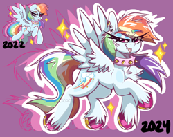 Size: 4096x3237 | Tagged: safe, artist:allicoot, rainbow dash, pegasus, pony, g4, :p, chest fluff, choker, colored eyebrows, colored hooves, comparison, ear piercing, earring, eye clipping through hair, eyebrows, eyebrows visible through hair, eyelashes, fangs, female, grin, high res, horseshoes, jewelry, lidded eyes, mare, piercing, purple background, redraw, simple background, smiling, solo, sparkles, spiked choker, spread wings, tongue out, unshorn fetlocks, watermark, wings
