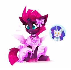 Size: 2427x2392 | Tagged: safe, artist:buvanybu, fizzlepop berrytwist, rarity, tempest shadow, pony, unicorn, g4, blushing, bow, broken horn, choker, clothes, cute, dress, female, frilly dress, hair bow, horn, inset, mare, pink dress, simple background, sitting, tail, tail bow, tempestbetes, tomboy taming, white background, wingding eyes