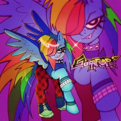 Size: 1800x1800 | Tagged: safe, artist:sodapop020, rainbow dash, pegasus, pony, g4, alternate design, alternate hair color, alternate hairstyle, bracelet, choker, clothes, converse, duality, female, hair over one eye, jewelry, lidded eyes, long eyelashes, long mane, long tail, looking at you, mare, messy mane, narrowed eyes, pants, punk, rainbow punk, raised hoof, shiny mane, shiny tail, shoes, signature, sneakers, solo, spiked choker, spread wings, tail, tank top, wings