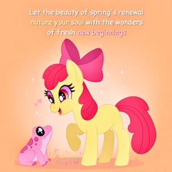 Size: 1500x1500 | Tagged: safe, artist:faelingmagic, apple bloom, earth pony, frog, pony, g4, female, filly, foal, gradient background, heart, text