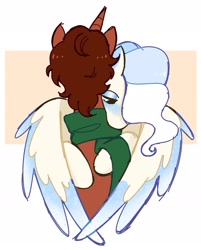 Size: 1559x1940 | Tagged: safe, artist:syrupyyy, oc, oc only, oc:florid frost, oc:quill reed, pegasus, pony, unicorn, abstract background, clothes, colored wings, colored wingtips, duo, horn, hug, male, scarf, stallion, wings