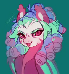 Size: 2000x2142 | Tagged: oc name needed, safe, artist:myscherri, oc, oc only, bat pony, pony, fangs, female, green background, mare, red eyes, simple background, solo