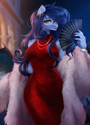 Size: 1300x1800 | Tagged: safe, artist:alicesmitt31, oc, oc only, oc:tundra, anthro, big breasts, bracelet, breasts, clothes, dress, fan, female, hand fan, jewelry, laurel wreath, lidded eyes, looking at you, nail polish, necklace, open mouth, painted nails, solo, sparkles