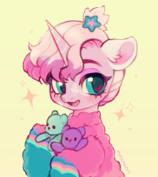 Size: 1081x1216 | Tagged: safe, artist:myscherri, oc, oc only, pony, unicorn, clothes, facial markings, female, hair tie, horn, mare, plushie, short hair, simple background, solo, sweater, teddy bear, yellow background