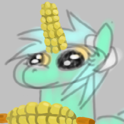 Size: 290x290 | Tagged: safe, artist:jargon scott, artist:neccanon, edit, lyra heartstrings, pony, unicorn, g4, bust, corn, cropped, female, food, gray background, horn, mare, numget, simple background, solo