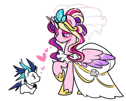 Size: 1250x1000 | Tagged: safe, artist:paperbagpony, princess cadance, shining armor, alicorn, pony, unicorn, g4, alternate hairstyle, blush lines, blushing, bowtie, clothes, dress, duo, duo male and female, female, floating heart, heart, height difference, horn, horn ring, jewelry, looking at each other, looking at someone, male, mare, meme, messy mane, missing cutie mark, ring, ship:shiningcadance, shipping, simple background, size difference, smiling, smiling at each other, squatpony, stallion, straight, the bride and the ugly ass groom, tiara, veil, wedding dress, wedding veil, white background