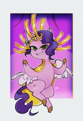 Size: 971x1413 | Tagged: safe, artist:disaterror, pipp petals, pegasus, pony, g5, my little pony: tell your tale, adorapipp, cape, clothes, colored hooves, colored wings, costume, cute, eyebrows, eyebrows visible through hair, female, flying, grainy, gray background, green eyes, headdress, lidded eyes, looking at you, mare, nightmare night costume, passepartout, pink coat, purple mane, purple tail, raised hooves, short mane, signature, simple background, smiling, smiling at you, solo, spread wings, tail, two toned mane, two toned tail, unshorn fetlocks, wavy mane, wavy tail, wings