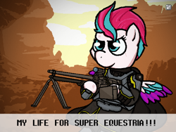 Size: 1440x1080 | Tagged: safe, artist:sluttershy, zipp storm, pegasus, pony, banned from equestria daily, g5, armor, female, for managed democracy, gun, helldivers, helldivers 2, machine gun, mare, solo, text, video game crossover, weapon