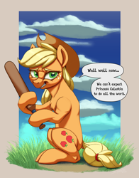 Size: 1650x2100 | Tagged: safe, artist:silverhopexiii, applejack, earth pony, pony, g4, baseball bat, dialogue, female, grin, hoof hold, lidded eyes, mare, meme, nature, passepartout, sitting, smiling, solo, speech bubble, we can't expect god to do all the work