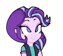 Size: 408x360 | Tagged: safe, artist:disaterror, starlight glimmer, equestria girls, g4, alternate hairstyle, bust, clothes, eyelashes, female, lidded eyes, multicolored hair, pink skin, purple eyes, purple hair, shirt, simple background, smiling, solo, white background