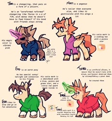 Size: 1731x1866 | Tagged: safe, artist:disaterror, alicorn, changeling, earth pony, pegasus, pony, unicorn, artificial alicorn, big ears, black sclera, blaze (coat marking), blonde mane, blonde tail, brown coat, brown mane, brown tail, checkered, clothes, coat markings, colored ears, colored eartips, colored hooves, colored wings, colored wingtips, description, disguise, disguised changeling, ear fluff, ear piercing, earring, edd gould (eddsworld), eddsworld, empty eye socket, eye clipping through hair, facial markings, folded wings, gauges, glowing, glowing horn, group, height difference, hidden wings, hoodie, horn, jewelry, lidded eyes, long horn, long tail, looking back, magic, male, matt (eddsworld), messy mane, messy tail, multicolored mane, multicolored tail, narrowed eyes, orange mane, orange tail, piercing, ponified, profile, quartet, short mane, short tail, signature, simple background, smiling, socks (coat markings), splotches, stallion, tail, text, tom (eddsworld), two toned mane, two toned tail, two toned wings, unshorn fetlocks, wall of tags, wings, yellow background, yellow coat