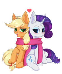 Size: 2310x2751 | Tagged: safe, artist:pesty_skillengton, applejack, rarity, earth pony, pony, unicorn, g4, blushing, chest fluff, clothes, commission, commissioner:raritybro, duo, duo female, eyebrows, eyeshadow, female, freckles, hatless, heart, high res, horn, lesbian, looking at each other, looking at someone, makeup, mare, missing accessory, open mouth, open smile, scarf, shared clothing, shared scarf, ship:rarijack, shipping, simple background, sitting, smiling, smiling at each other, white background