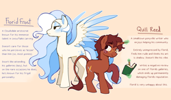 Size: 3776x2211 | Tagged: safe, artist:syrupyyy, oc, oc only, oc:florid frost, oc:quill reed, pegasus, pony, unicorn, colored wings, colored wingtips, duo, duo male, freckles, gay, glasses, height difference, high res, horn, leonine tail, levitation, lidded eyes, magic, male, notebook, oc x oc, pencil, round glasses, shipping, simple background, spread wings, stallion, tail, telekinesis, text, wings, writing, yellow background