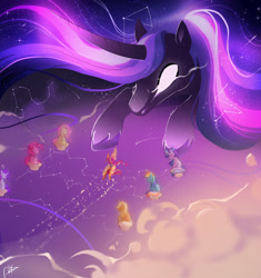 Size: 1600x1700 | Tagged: safe, artist:disaterror, applejack, fluttershy, pinkie pie, rainbow dash, rarity, starlight glimmer, sunny starscout, twilight sparkle, alicorn, earth pony, pegasus, pony, g4, g5, abstract background, artificial horn, artificial wings, augmented, blank eyes, blaze (coat marking), blonde mane, blonde tail, blue coat, cloud, coat markings, colored hooves, colored pinnae, constellation, curved horn, duo focus, ethereal mane, eyes closed, facial markings, female, fog, folded wings, giant twilight sparkle, glowing, glowing mane, gradient horn, gradient legs, group, horn, long horn, looking at someone, magic, magic horn, magic wings, mane six, mane stripe sunny, mare, mist, multicolored hair, multicolored mane, multicolored tail, no mouth, orange coat, pedestal, pink coat, pink mane, pink tail, purple mane, purple tail, race swap, rainbow hair, rainbow tail, size difference, starry coat, starry mane, stars, statue, sunny and her heroine, sunnycorn, tail, transparent, twilight sparkle (alicorn), unicorn horn, unshorn fetlocks, wall of tags, white coat, white eyes, wings, yellow coat