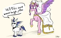Size: 1459x909 | Tagged: safe, artist:gotyx96, princess cadance, shining armor, alicorn, pony, unicorn, g4, horn, marriage, meme, simple background, size difference, the bride and the ugly ass groom