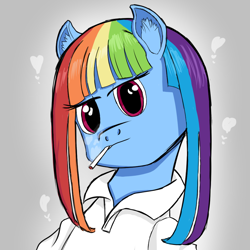 Size: 1000x1000 | Tagged: safe, artist:mano_m, rainbow dash, pegasus, pony, g4, abstract background, alternate hairstyle, bust, cigarette, clothes, ear fluff, missing wing, punk, shirt, simple background, skinhead
