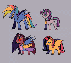 Size: 1152x1030 | Tagged: safe, artist:disaterror, fluttershy, pinkie pie, rainbow dash, starlight glimmer, bat pony, earth pony, pegasus, pony, unicorn, fanfic:cupcakes, g4, secrets and pies, alternate color palette, animated, bags under eyes, bat ponified, blue sclera, bouncing, clothes, colored hooves, colored sclera, colored teeth, concave belly, countershading, crown, cutie mark dress, dress, element of magic, equal cutie mark, equality, evil grin, evil pie hater dash, evil rainbow dash, evil starlight, fake wings, fangs, female, fit, flutterbat, fluttershy is short, gif, gray background, grin, group, height difference, horn, jewelry, long mane, long tail, loop, mare, mohawk, multicolored hair, multicolored mane, multicolored tail, narrowed eyes, neckerchief, petiteshy, physique difference, pink coat, pinkamena diane pie, ponytail, quarter, race swap, rainbow dash is tall, rainbow dash is tol, rainbow hair, rainbow tail, red sclera, regalia, s5 starlight, severed horn, severed limb, severed wing, shrunken pupils, simple background, slender, smiling, smolshy, spread wings, tail, tallerdash, thin, tiara, two toned mane, two toned tail, unshorn fetlocks, wall of tags, wavy mane, wavy tail, wings, yellow sclera
