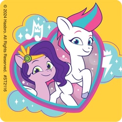Size: 700x700 | Tagged: safe, pipp petals, zipp storm, pegasus, pony, g5, my little pony: tell your tale, official, 2d, cloud, concave belly, duo, female, fit, heart, looking at you, mare, merchandise, physique difference, pipp petals' cutie mark, raised hoof, royal sisters (g5), siblings, simple background, sisters, slender, smiling, smiling at you, sticker, thin, unshorn fetlocks, yellow background, zipp storm's cutie mark