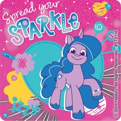 Size: 700x700 | Tagged: safe, izzy moonbow, pony, unicorn, g5, my little pony: tell your tale, official, 2d, female, flower, heart, horn, looking at you, mare, merchandise, pink background, raised hoof, simple background, slogan, smiling, smiling at you, solo, standing, sticker