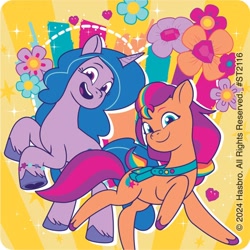 Size: 700x700 | Tagged: safe, izzy moonbow, sunny starscout, earth pony, pony, unicorn, g5, my little pony: tell your tale, official, 2d, duo, female, flower, heart, horn, looking at you, mare, merchandise, raised hoof, simple background, smiling, smiling at you, sticker, yellow background