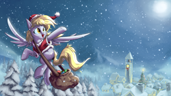 Size: 1920x1080 | Tagged: safe, artist:rocket-lawnchair, derpy hooves, pegasus, pony, g4, bag, christmas, clock tower, clothes, costume, cute, derpabetes, detailed background, featured image, female, flying, hat, hearth's warming eve, holiday, mailbag, mare, moon, night, night sky, open mouth, open smile, outdoors, santa costume, santa hat, scenery, sky, smiling, snow, snowfall, solo, spread wings, tree, wings, winter