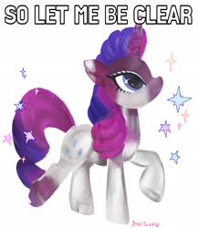 Size: 1780x2047 | Tagged: safe, artist:petaltwinkle, rarity, crystal pony, crystal unicorn, pony, unicorn, g4, alternate mane color, blind bag, blue eyes, caption, clear, curly mane, curly tail, digital painting, eyeshadow, female, horn, i've made myself clear, lidded eyes, makeup, mare, meme, pun, raised hoof, ringlets, signature, simple background, smiling, solo, sparkles, sparkly eyes, standing, stars, tail, text, toy, toy interpretation, translucent, transparent flesh, transparent horn, two toned mane, two toned tail, unicorn horn, visual pun, white background, wingding eyes