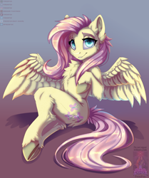 Size: 4020x4800 | Tagged: safe, artist:froxifox, fluttershy, pegasus, semi-anthro, g4, absurd resolution, chest fluff, female, gradient background, looking at you, mare, sitting, smiling, smiling at you, solo, spread wings, unshorn fetlocks, wings