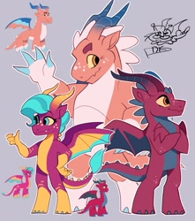 Size: 2300x2600 | Tagged: safe, artist:disaterror, blaize skysong, lava (g5), tumble (g5), dragon, g5, my little pony: tell your tale, arm freckles, bipedal, body freckles, colored belly, colored claws, colored eyebrows, colored sclera, colored wings, crossed arms, cute, cute little fangs, fangs, female, freckles, frills, hand on hip, height difference, leg freckles, male, multicolored wings, pale belly, scales, signature, size difference, smiling, spread wings, teal hair, trio, two toned hair, two toned wings, wings, yellow sclera