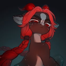 Size: 1932x1932 | Tagged: safe, artist:myscherri, oc, oc only, earth pony, pony, braid, countershading, devil horns, female, freckles, gradient background, horns, mare, solo