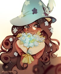Size: 1370x1682 | Tagged: safe, artist:myscherri, oc, oc only, earth pony, pony, bouquet, female, flower, flower in hair, freckles, glasses, hat, mare, round glasses, simple background, solo, white background, witch hat