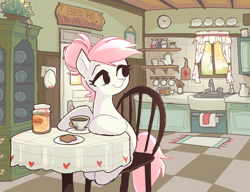 Size: 2560x1968 | Tagged: safe, artist:syrupyyy, nurse redheart, earth pony, pony, g4, bags under eyes, bless this mess, bread, cup, female, food, hatless, honey, kitchen, mare, messy mane, missing accessory, morning ponies, sitting, solo, table, teacup, toast, wall clock, window