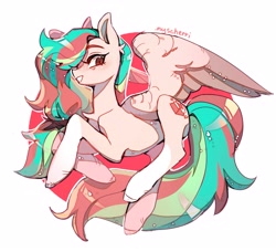 Size: 3231x2953 | Tagged: safe, artist:myscherri, oc, oc only, pegasus, pony, abstract background, artfight, belly, concave belly, female, looking at you, mare, partially open wings, pegasus oc, simple background, solo, white background, wings