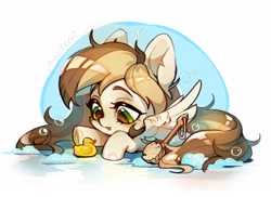 Size: 2661x1935 | Tagged: safe, artist:myscherri, oc, oc only, pegasus, pony, abstract background, brush, bubble, cute, ear fluff, rubber duck, simple background, solo, white background