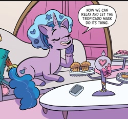 Size: 1045x969 | Tagged: safe, artist:shauna j. grant, idw, official comic, izzy moonbow, señor butterscotch, pony, unicorn, g5, my little pony: mane event, spoiler:comic, spoiler:g5comic, bonnet, couch, curly hair, eyes closed, horn, lying down
