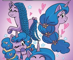 Size: 1079x892 | Tagged: safe, idw, official comic, izzy moonbow, pony, unicorn, g5, my little pony: mane event, spoiler:comic, spoiler:g5comic, alternate hairstyle, baby hairs, bow, curly hair, cute, female, hair accessory, hair bow, hairclip, horn, izzybetes, mare, smiling, twists