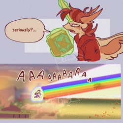 Size: 1114x1109 | Tagged: safe, artist:disaterror, part of a set, alicorn, pony, unicorn, 2 panel comic, artificial alicorn, artificial wings, augmented, big ears, blast, clothes, colored wings, comic, dialogue, ear fluff, eddsworld, frown, glowing, glowing horn, hoodie, horn, impossibly large horn, long horn, magic, male, narrowed eyes, open mouth, passepartout, ponified, profile, rainbow, screaming, shrunken pupils, signature, speech bubble, spread wings, stallion, teeth, telekinesis, text, tord (eddsworld), two toned wings, violence, watermark, wing fluff, wings