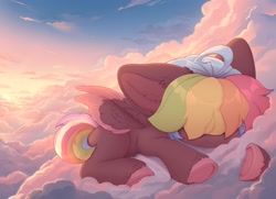 Size: 2480x1795 | Tagged: safe, artist:avroras_world, oc, oc only, oc:walter evans, pegasus, pony, cloud, colored wings, colored wingtips, ear fluff, lying down, male, on a cloud, prone, sleeping, solo, stallion, unshorn fetlocks, wings